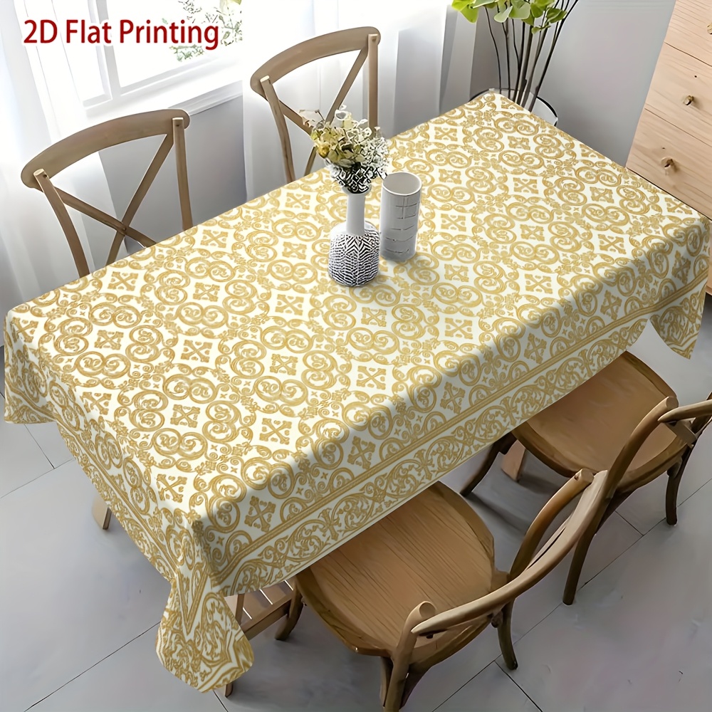 item picture [ Product] 1pc 2D Flat Printing Golden Classical Pattern Personalized Printed Rectangle, Round, Oval Tablecloth Suitable for Indoor And Outdoor Daily And Holiday Use, Birthday, Wedding, Dining Party Decoration, Coffee Table, Dining Table, Hotel