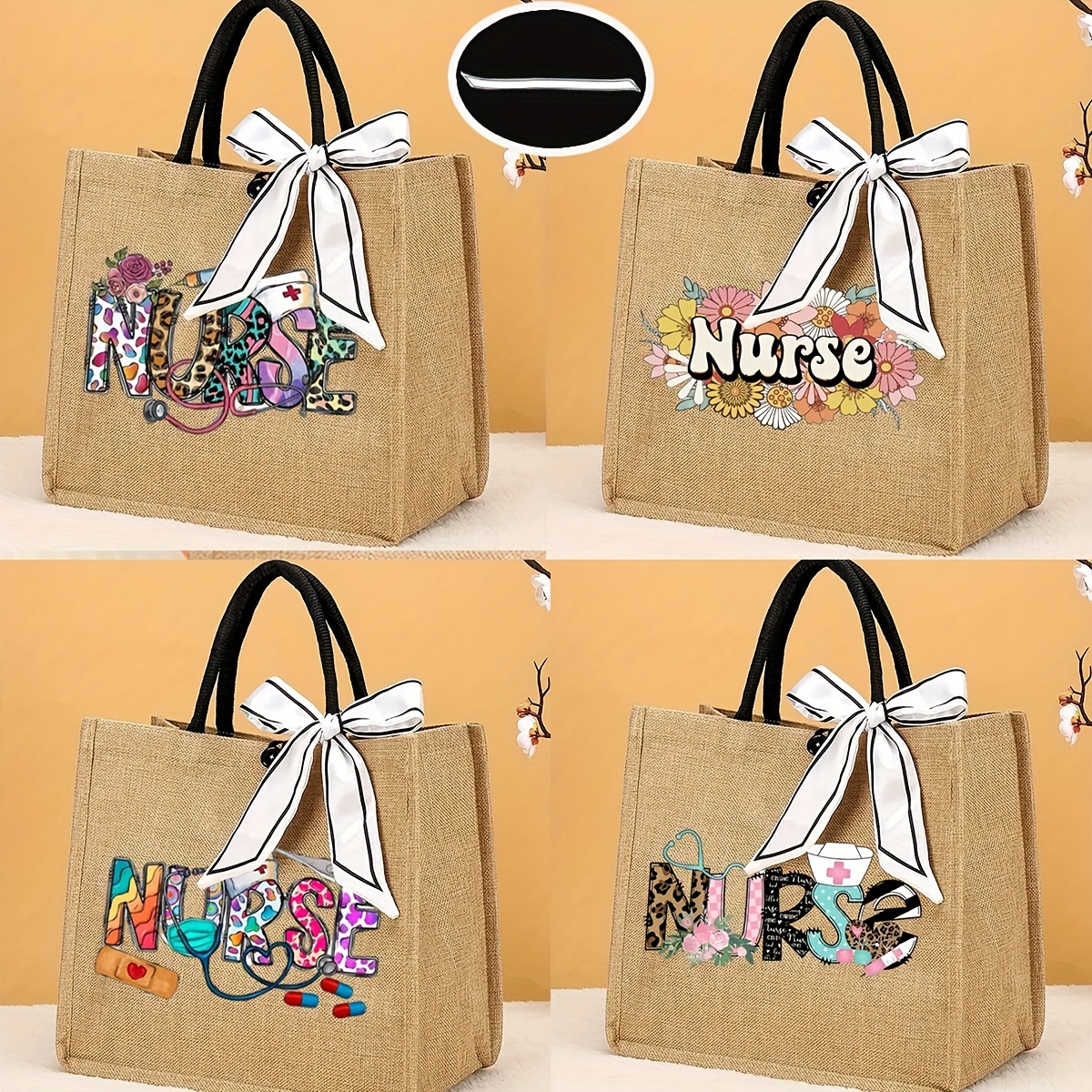 

2pcs Cute Nurse Element Print Linen Shoulder Bag, Lightweight Travel And Beach Tote Comes With Scarf(the Scarf Is In The Bag)