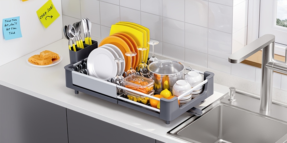   expandable foldable dish drying rack with cutlery holder swivel drain spout adjustable space saving aluminum kitchen organizer compact storage grey sleek     water drainage dish drying rack for kitchen counter Product details 4