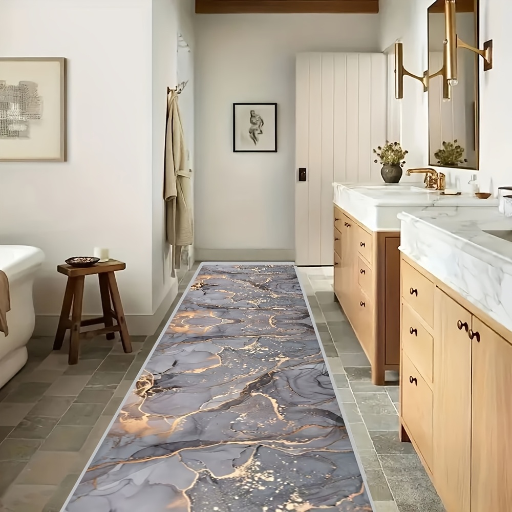 TEMU [] 1pc Light Gray Marble Pattern Long Carpet, Non-slip Abstract Geometric Carpet, Suitable For Hotel Corridors, Villa Decoration, Machine