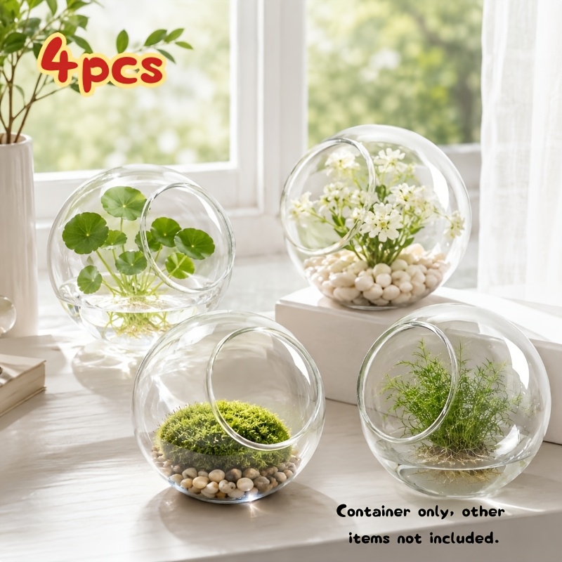 TEMU 4pcs Glass Plant Containers, Transparent Circular Glass Flower Pots For Moss, Succulents, And Air Plants, Garden Mini Landscape Containers,