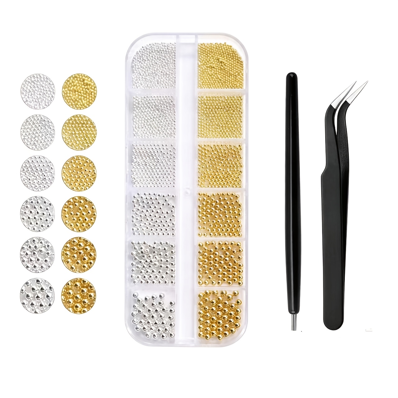 TEMU Ensemble de 3 pièces comprenant des perles rondes petites pour ongles, des pincettes à bijoux pour ongles, une décoration dorée et argentée pour