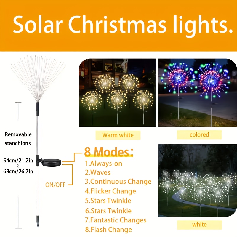 1 Pack of 200/150/60 LED Solar Garden Lights, Solar Fireworks Lights with 8 Lighting Modes Outdoor Light Suitable for Garden Patio Pathway Party Wedding Decoration