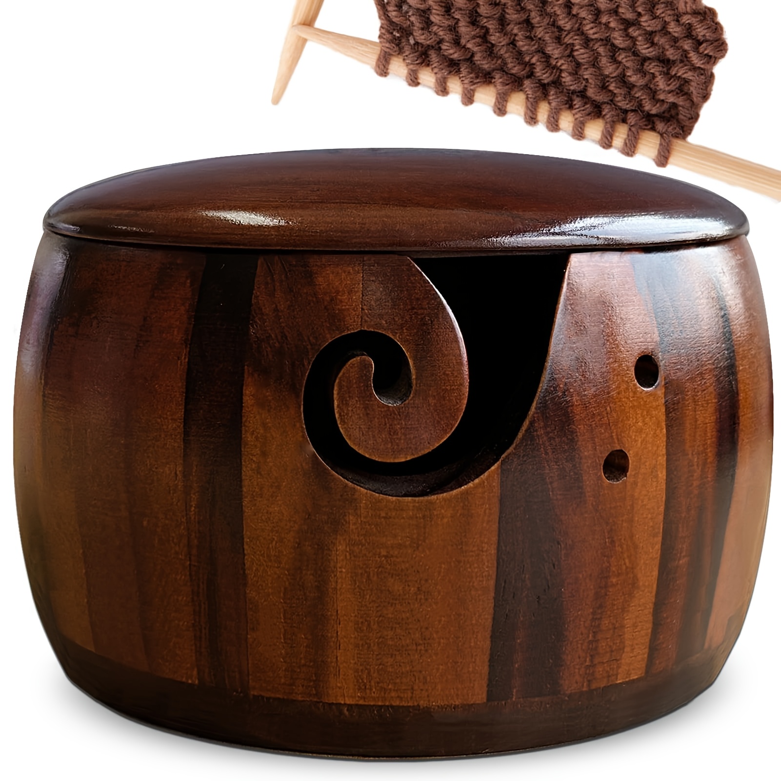 Wood Yarn Bowl With Lid, Crochet Bowls For Yarn, Knitting Yarn Bowl With Holes Storage, Yarn Holder Bowl, Knitting Bowl For Handmade Crocheting Additions