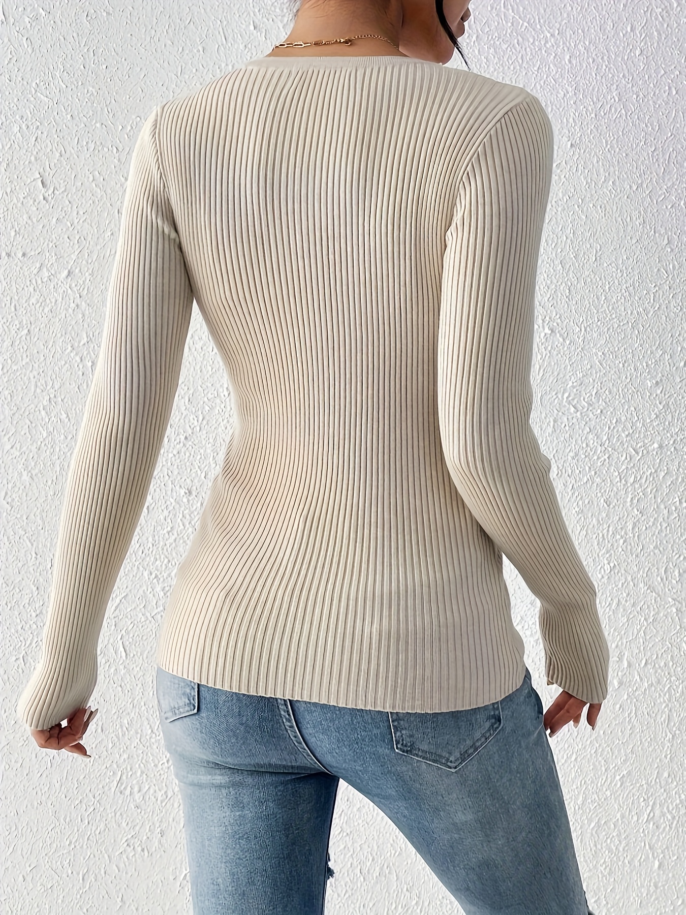 Front button solid ribbed sweater, elegant long-sleeve fitted cardigan, suitable for autumn and winter season, Women's clothing