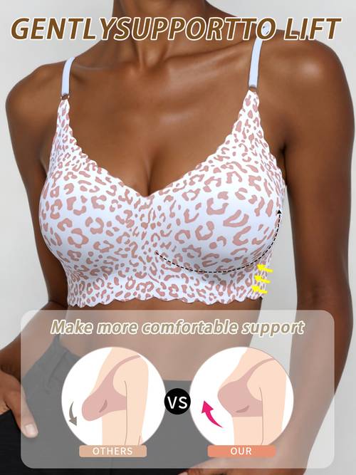1pc leopard print seamless nude feel breathable wire free womens bra padded liner with removable straps adjustable breathable soft v neck yoga running womens underwear suitable for