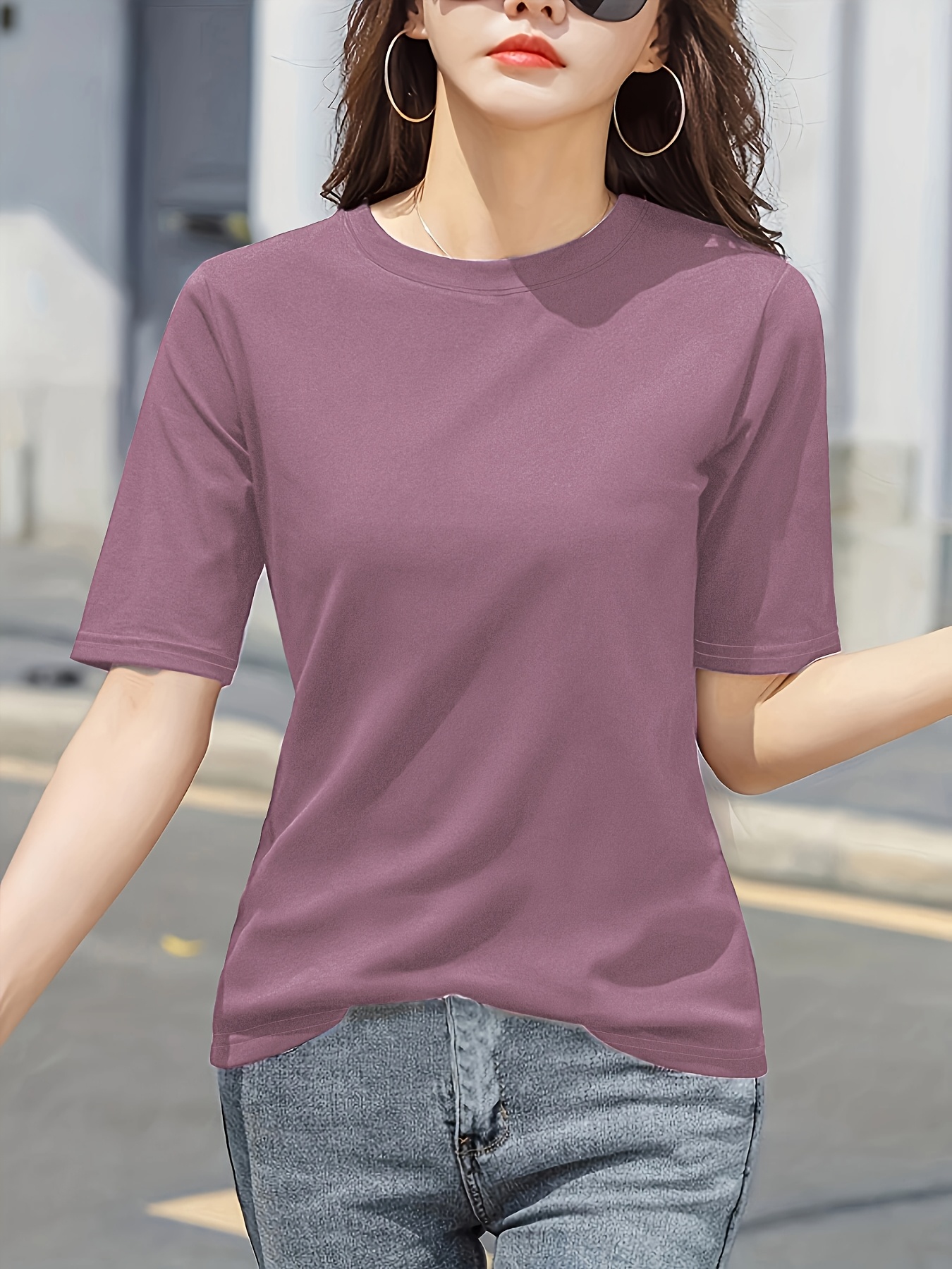 Women'S Elegant Solid Color T-Shirt - Soft Pink Crew Neck Short Sleeve Top, Perfect for Summer Fashion, Everyday Tshirt | Versatile Top | Comfortable Fit