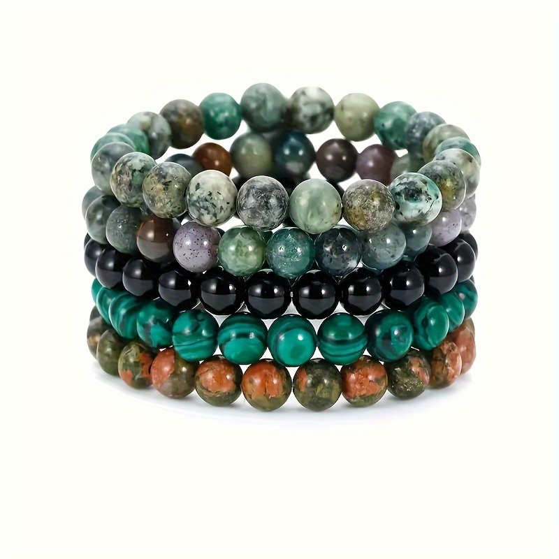 

5pcs Chic Natural Stone Beaded Bracelets Set - 8mm Stretchy Gemstone Bangles For , Casual Attire