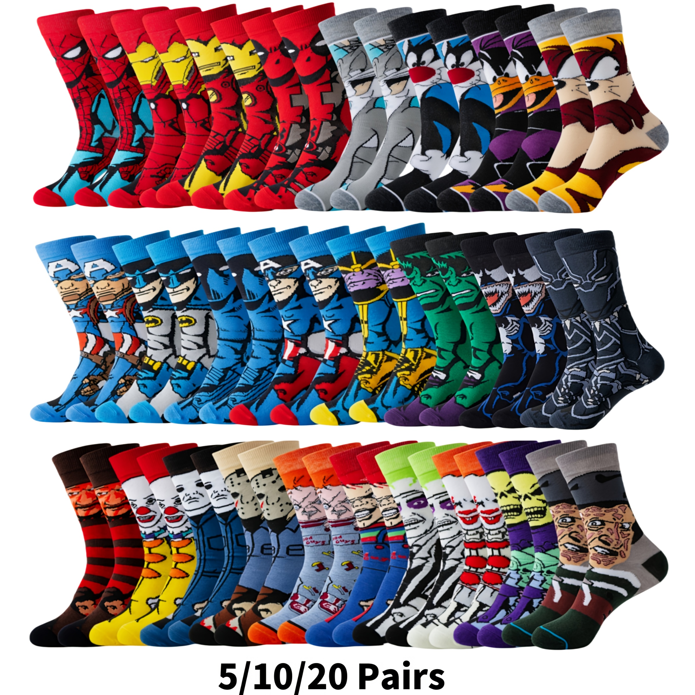 5/10/20 Pairs Men'S Cartoon Crew Socks, 97.8% Polyester 2.2% Spandex, Breathable Knit Fabric, Casual Street Style, All Seasons Outdoor Wear, Hand Washable