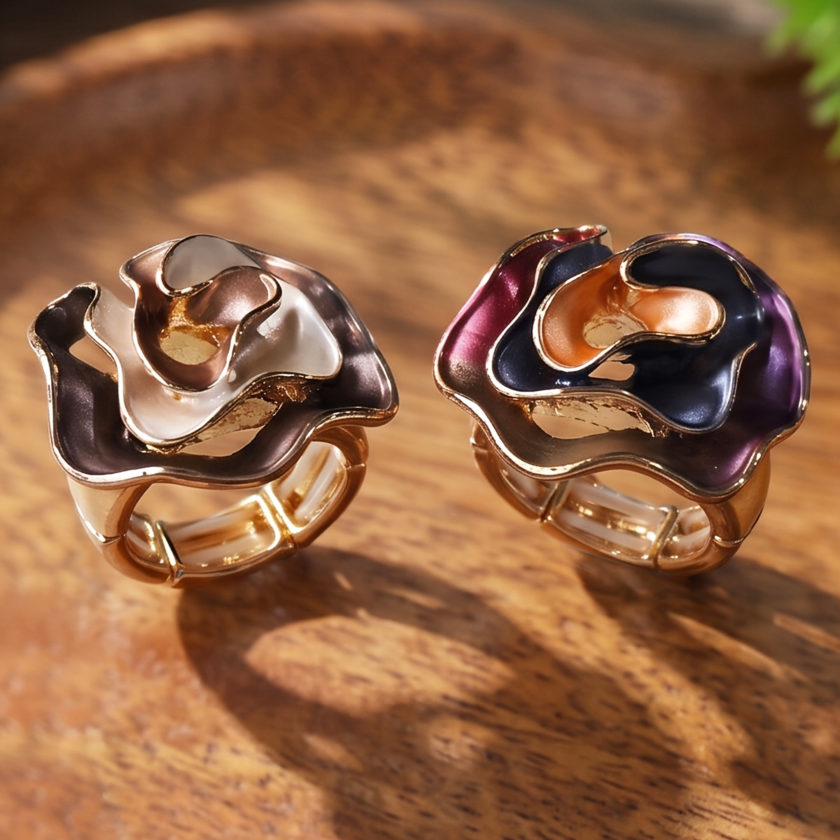 Women's 2pcs Plated Enamel Flower Adjustable Ring Set