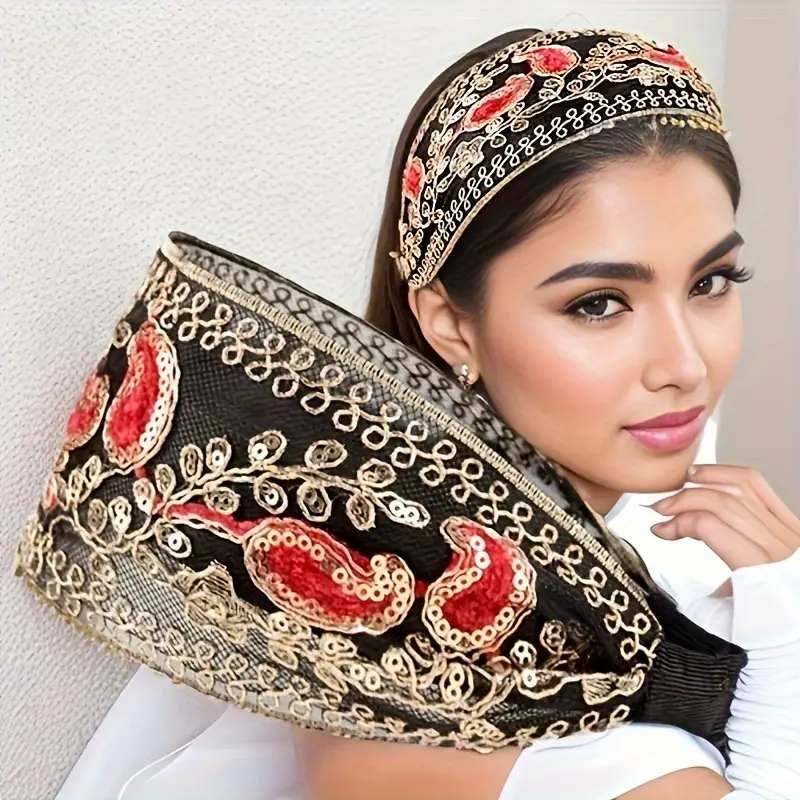 1pc elegant vintage polyester headband with sequins and floral embellishments non slip wide hair accessory for women daily wear spring carnival mardi gras masquerade details 3