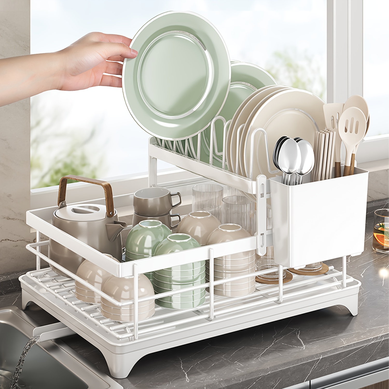 TEMU Large Dish Drain Rack With Drain Board, Carbon Steel Dish Rack For Kitchen Countertop, Removable Dish Drain Rack Storage Rack, Kitchen Organizer