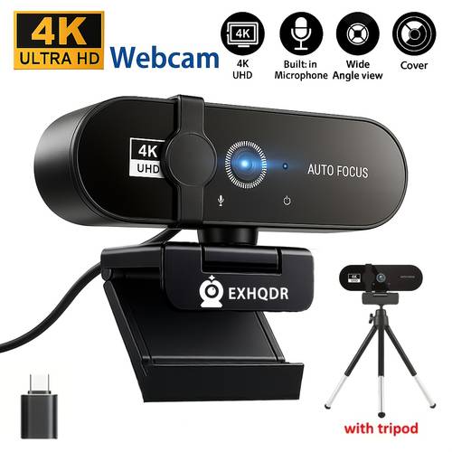 photo de l'article caméra usb 4k à automatique | 8mp ultra- | inclut trépied + adaptateur type-c | cache de confidentialité coulissant | caméra dordinateur plug-and-play pour réunions/streaming en direct/cours en ligne