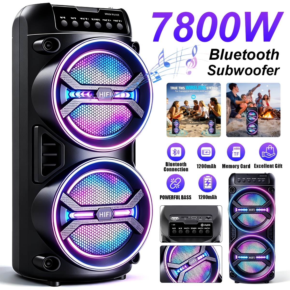 7800w Portable Wireless Bluetooth Speaker Rgb Subwoofer | 360° Surround Sound, Fm Radio & Usb Play, Tws Pairing, Mic Input Support, Party & Home Use