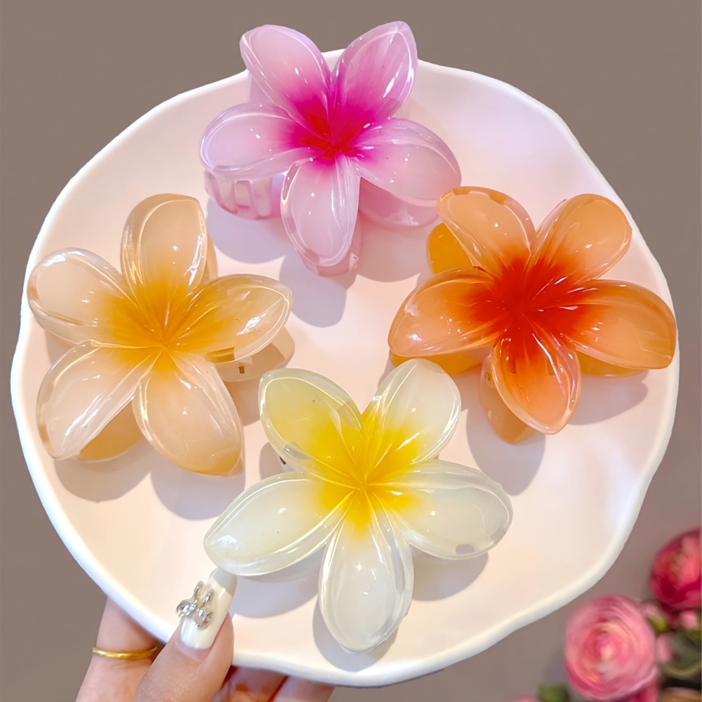 

Boho-chic 4pcs Floral Hair Claw Set - Elegant Plumeria , Non-slip Ponytail Holders For Women & Girls, Beach Vacations & Casual Attire