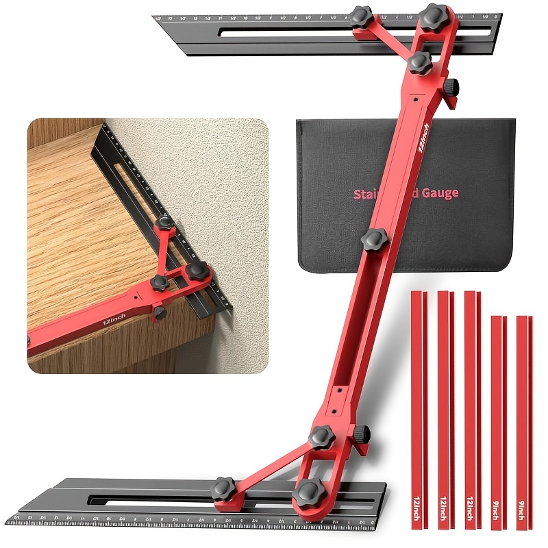 TEMU Stair Tread Template Tool, Heavy Duty Aluminum Stair Jig With Locking & Laser , 18"-68" Adjustable No Math Scribe Cuts, Fits 72" Wide, Red
