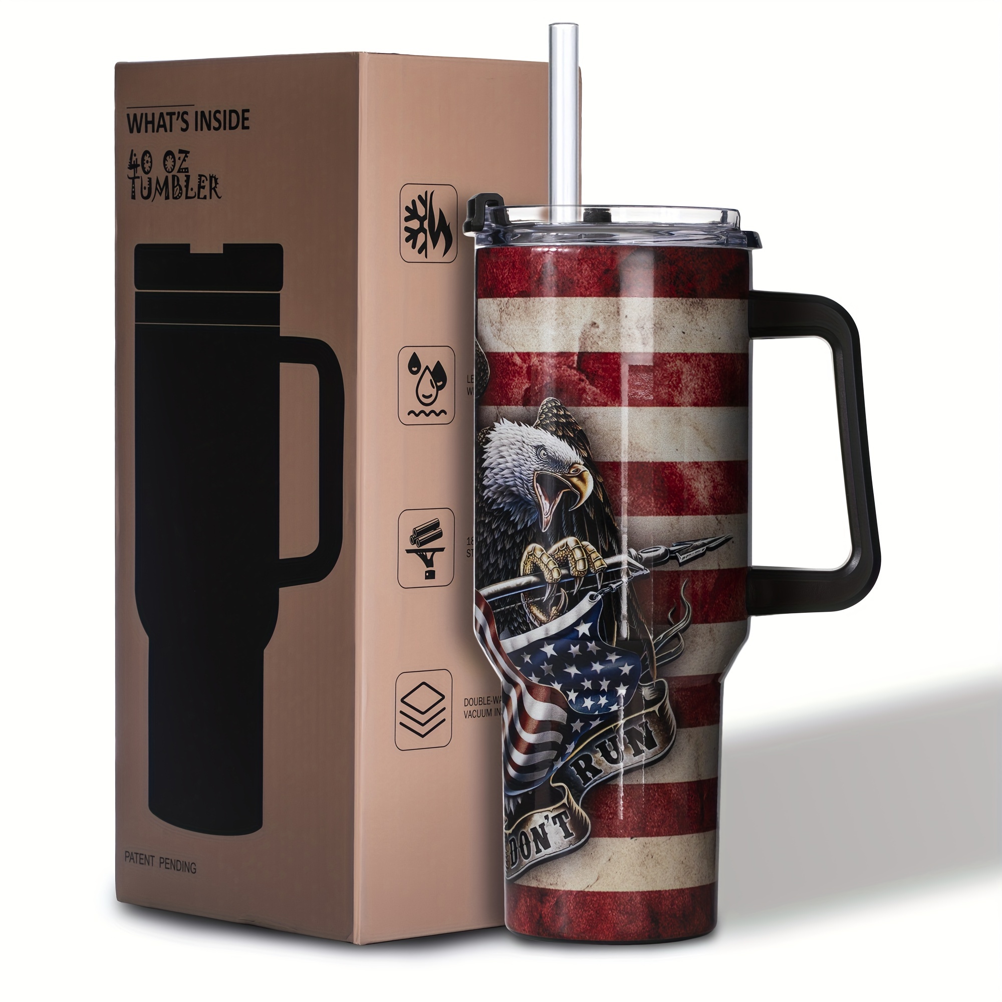 

Gome American Flag&eagle 40 Oz With Handle - Stainless Steel Cup With Straw - Insulated Coffee Mug With Lid - Flag Birthday Gifts For Women - Hand Wash Only