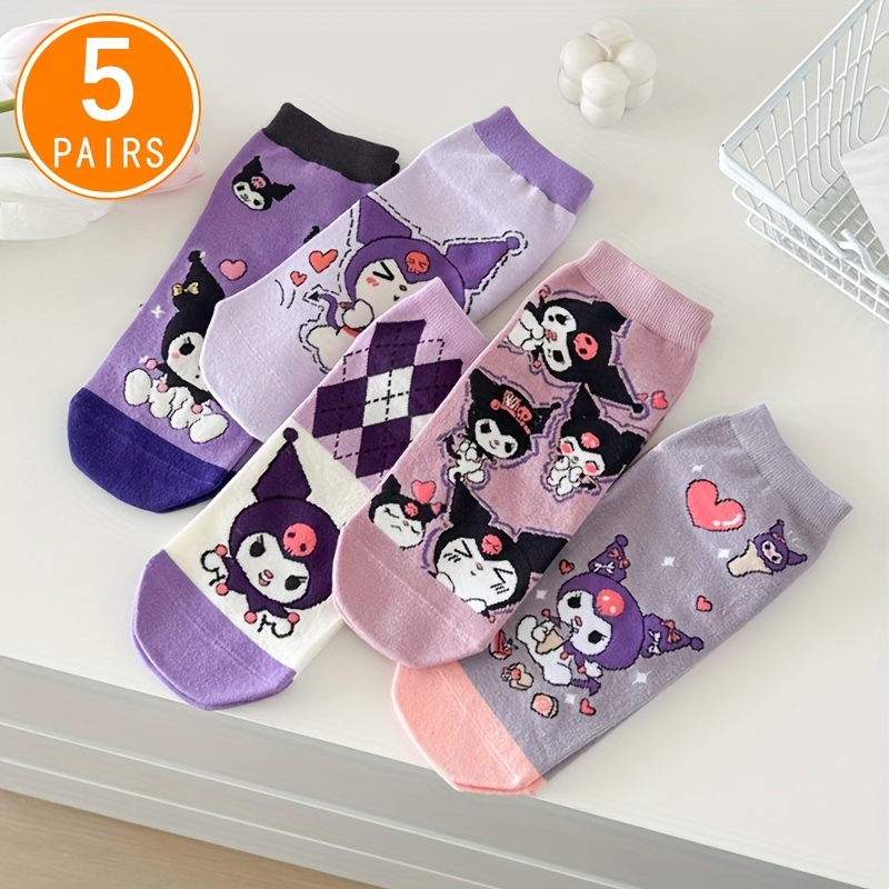 

5 Pairs Purple Cartoon Socks, Kawaii & Sweet Ankle Socks, Women's Stockings & Hosiery