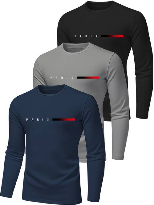 3 pack mens long sleeve t shirts breathable and quick drying crew neck medium stretch printed regular fit ideal for gym workouts morning runs outdoor activities comfortable everyday wear