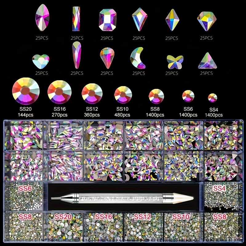 

5400 Pcs Nail Crystal Rhinestones Kit, Mix Shapes Ab Glass, 3d Gemstones Flatback Crystals, With A Pickup Pen, Nail Crystal Non Hotfix, Nail Art Decoration