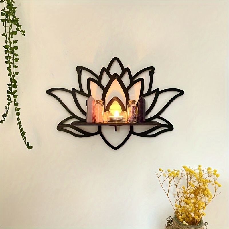 

1pc Bohemian Style Wooden Lotus-shaped Candle & Crystal Display Shelf, Floating Wall Shelf For Essential Oils & Stones, Creative Home Decor Wall Art