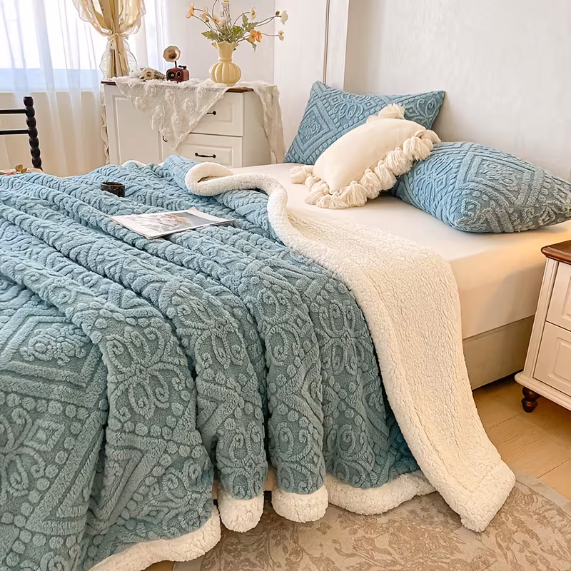 1pc luxury european cut jacquard lamb fleece thick double layer blanket warm non slip geometric pattern machine washable polyester for bedroom autumn decor accessory plush Product details 2