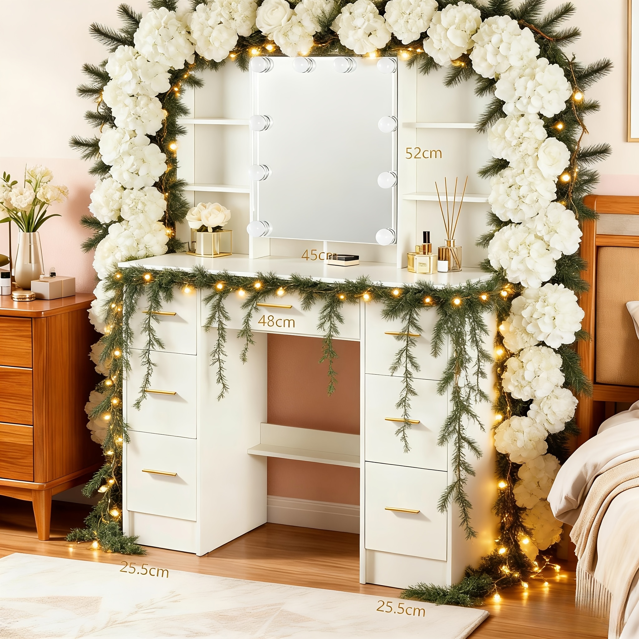 Makeup Vanity with Sliding Mirror and LED Lighting, 3 Modes
