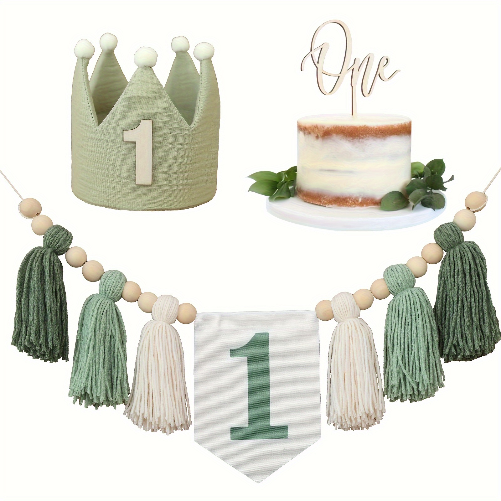 

3pcs Wild 1 Birthday Green Tassel Garland High Chair Banner Crown Birthday Hat 1 Cake Topper Suitable For Birthday Party Decorations, Highchair Decorations, Room Decorations, Party Creative Gifts