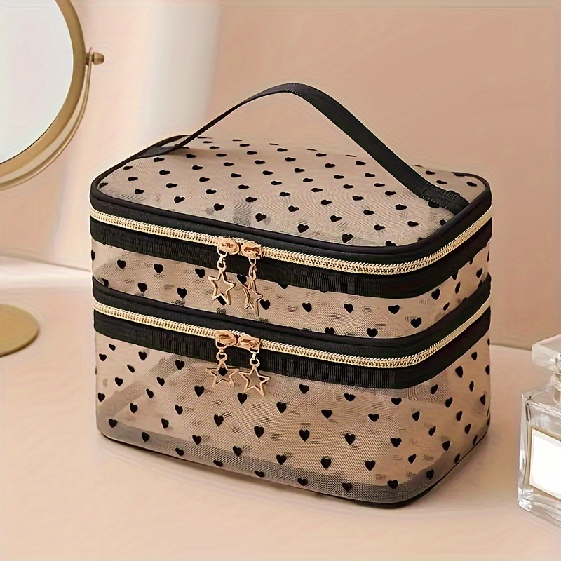 

Heart Decor Mesh Cosmetic Bag Portable Mesh Storage Bag Clear Travel Toiletry Bag Portable Handbag Cosmetic Storage Bag