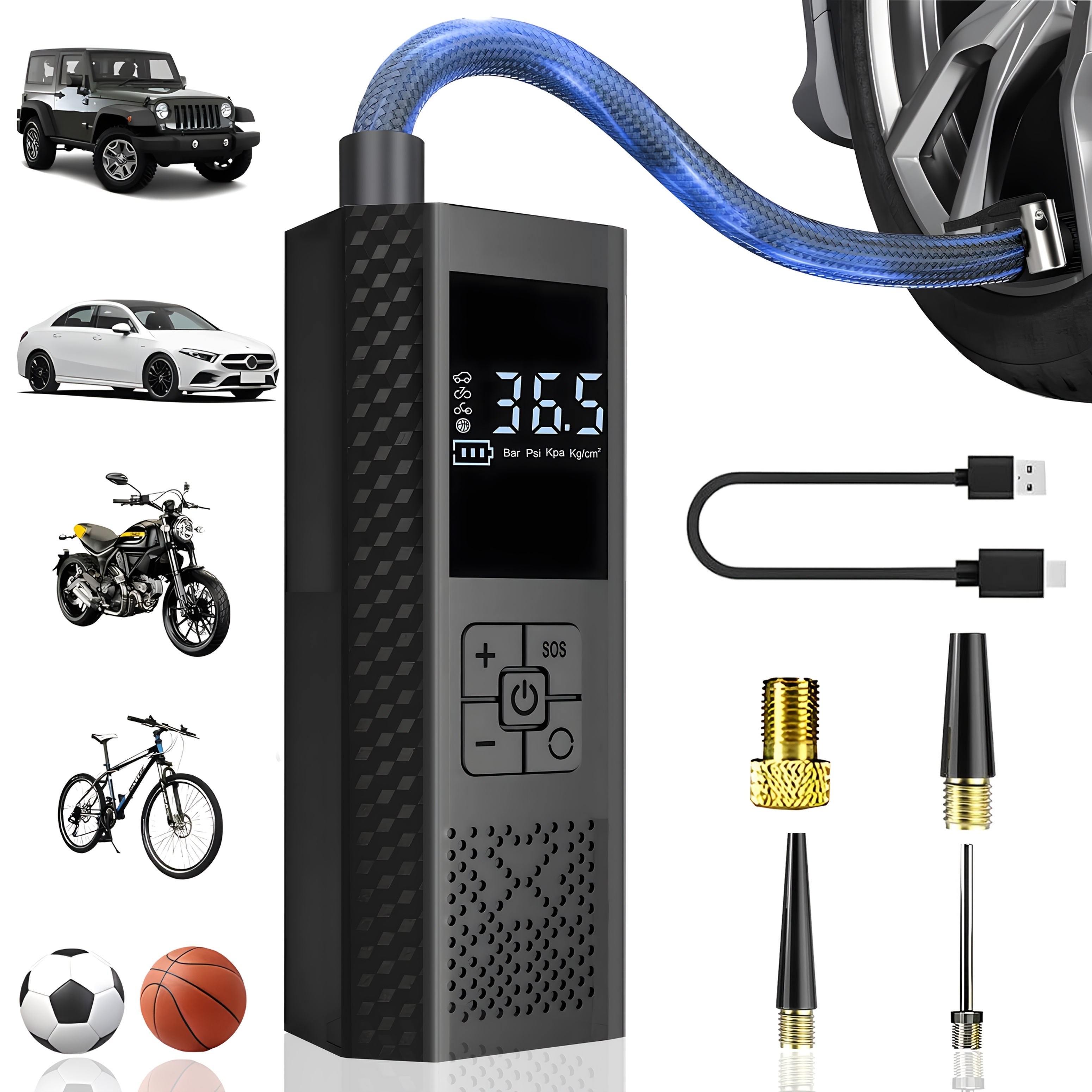 item picture Portable Air Compressor for Tires, 150 PSI Car Tire Pump, One-Touch Smart Inflator for Vehicles, Motorcycles, Bicycles, And More, Equipped with a Tire Pressure Gauge And LED Light, Open in new tab.