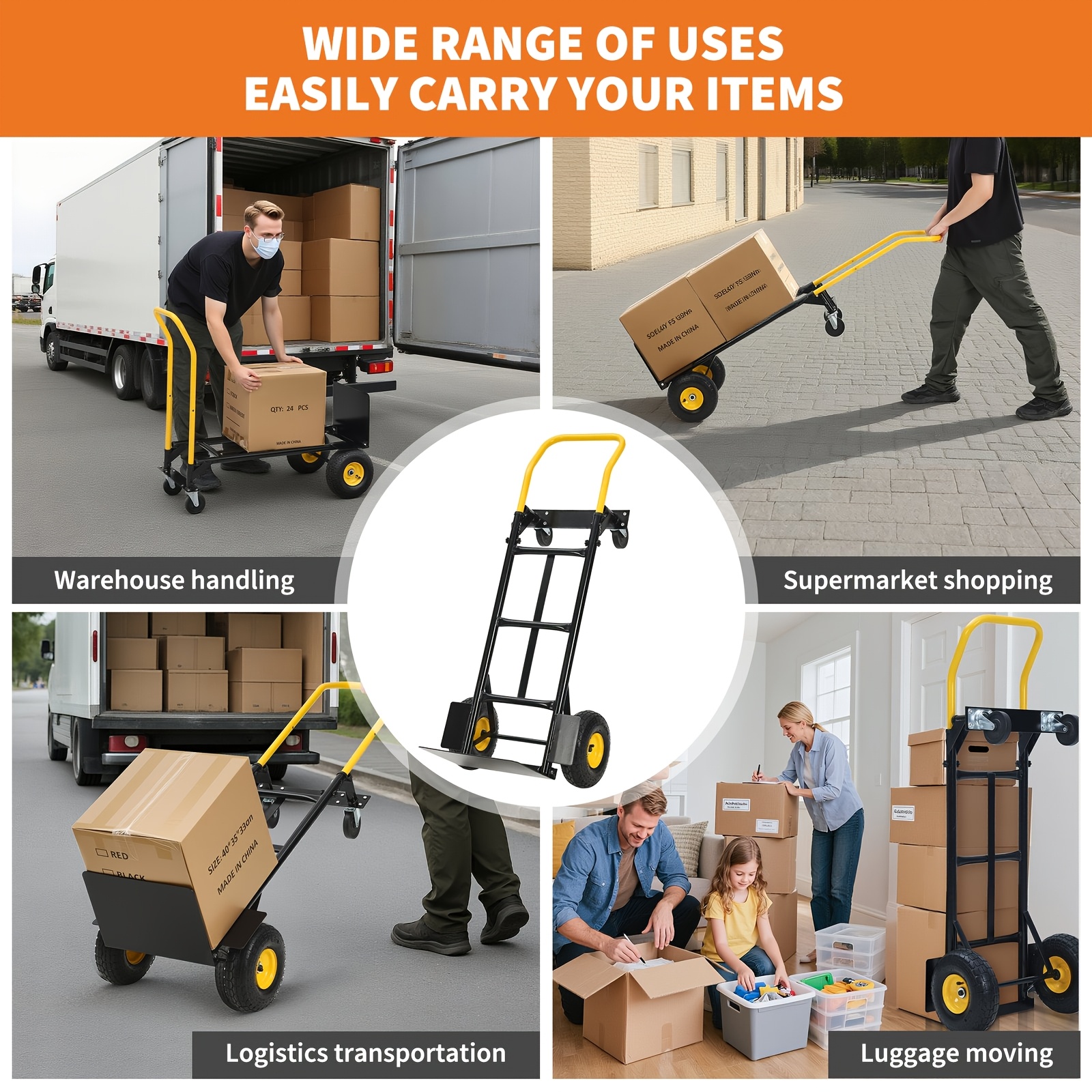 Image of Heavy Duty 2-in-1 Hand Truck And Platform Dolly - 600 Lbs Capacity With 4 Non-flat Wheels, Utility Cart For Moving, Warehouse, Office, Industrial, Grocery And Garden Use