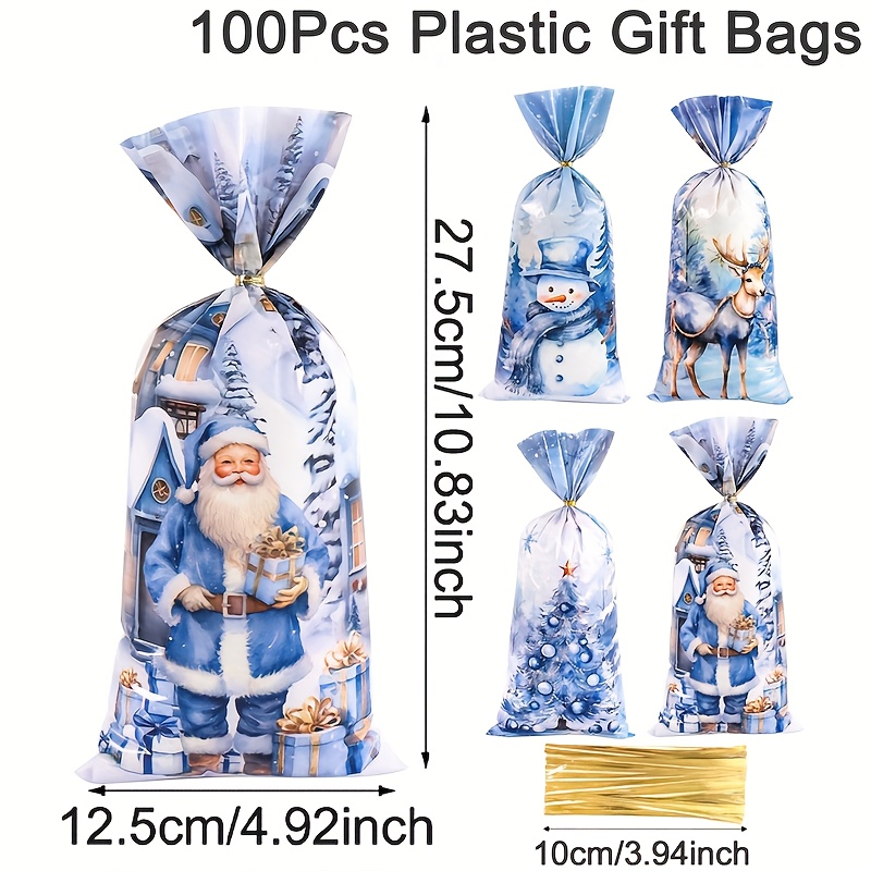 TEMU 25/50/100 Stück blaue Cellophan-Geschenktüten mit Aquarell-Designs von Weihnachtsmann, Schneemann, Elch und Weihnachtsbäumen. Diese Plastiktüten