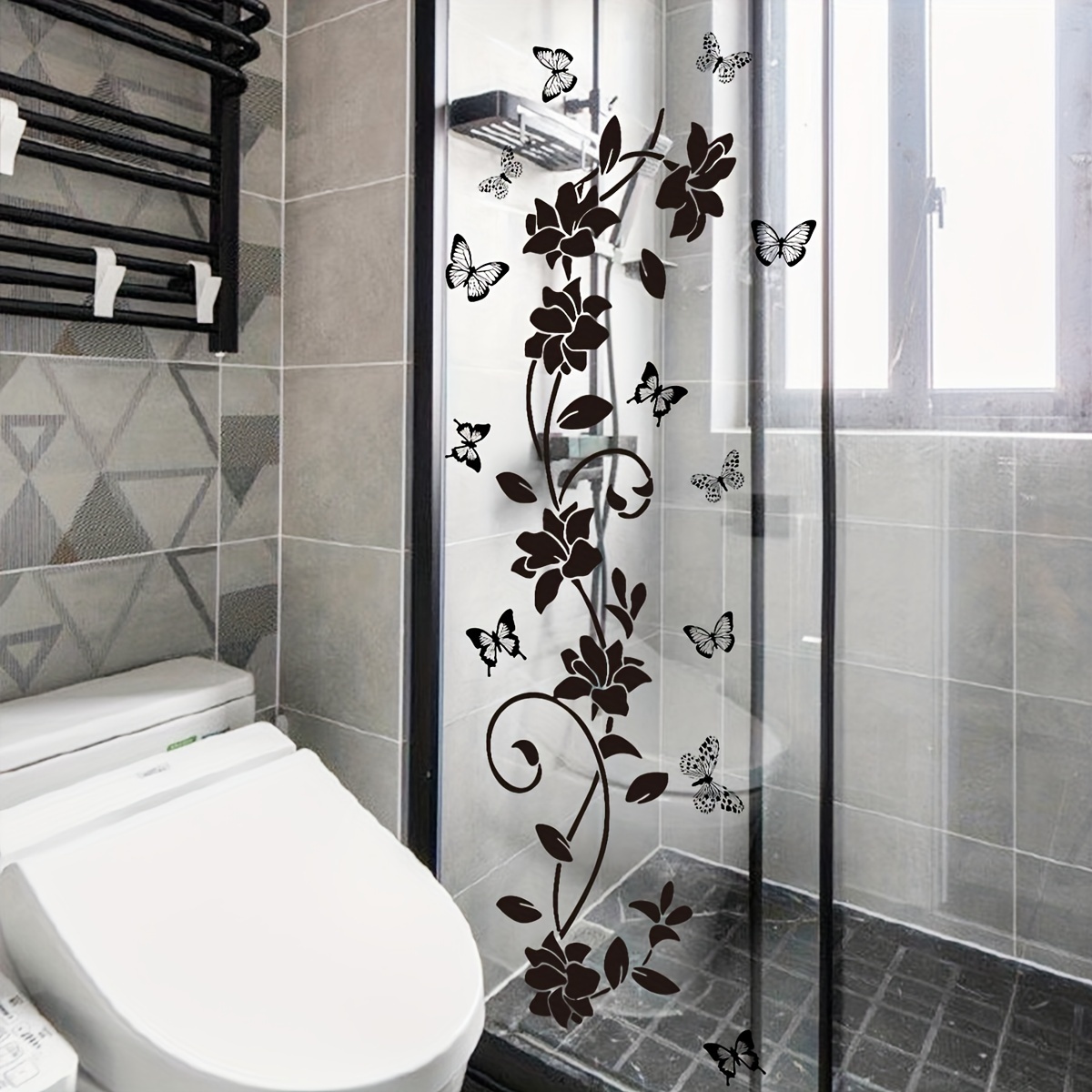 

Black Floral Butterfly Vine Mirror Glass Decal For Home Bathroom Decor, Self-adhesive Wall Sticker Made Of Plastic, No Electricity Required