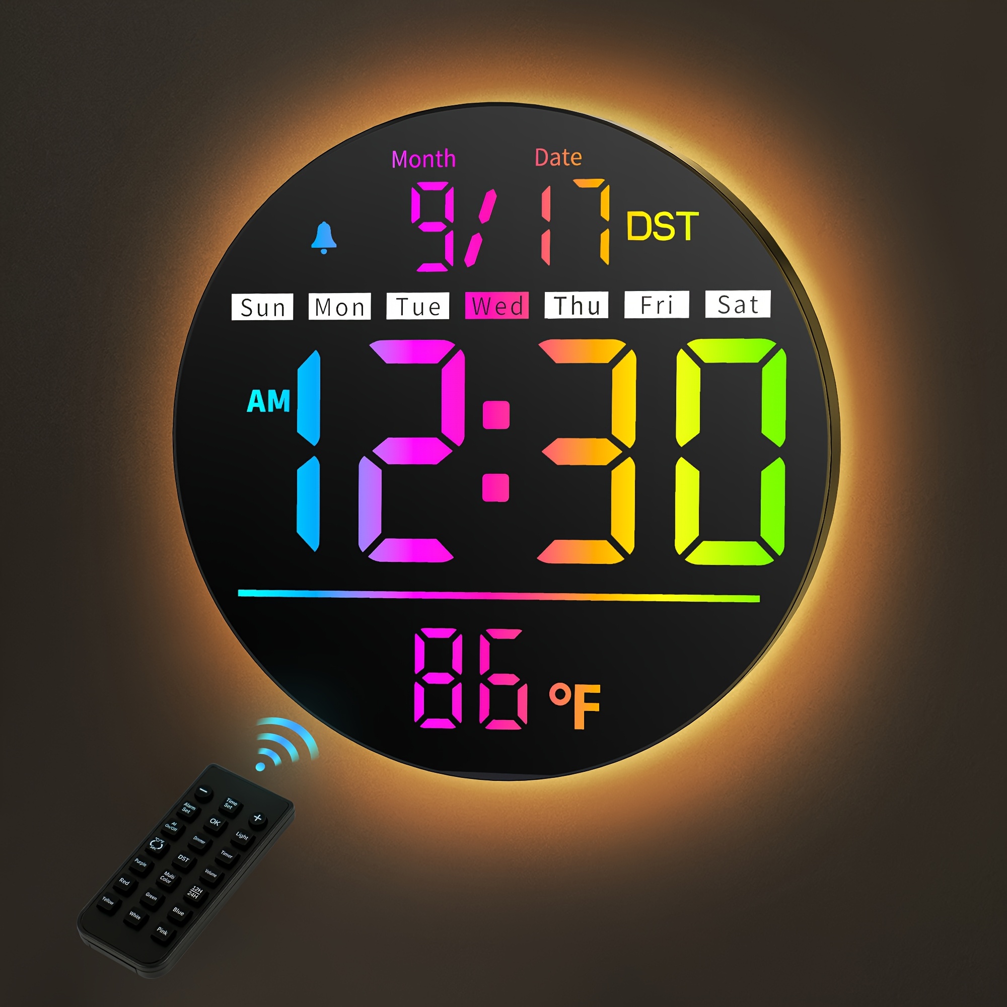 TEMU Orologio da parete digitale 8" con display a LED, orologio da parete con 11 colori RGB, telecomando, regolazione della luminosit�, DST, timer, ,
