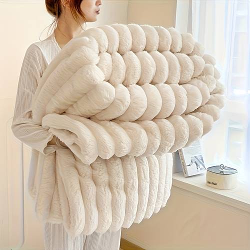 luxurious double sided faux rabbit fur throw blanket cozy striped flannel soft and warm for office camping sofa versatile polyester bed cover perfect christmas gift