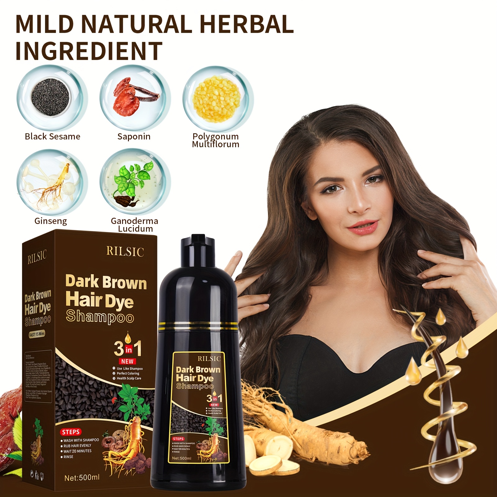 Hair Dye Shampoo For Grey Hair, 500ML Herbal Natural Hair Dye 3 In 1, Instant Hair Colour Shampoo, Hair Shampoo, Hair Dye Hair Color Shampoo Coloring In Minutes For Women Men