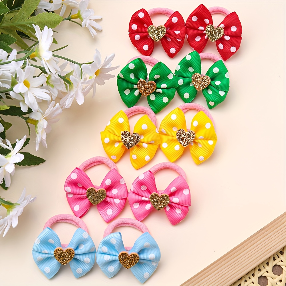 TEMU Set Of 10 Assorted Polka Dot Bow Hair Bands For Pets, Including Rubber Bands For Grooming Dogs And Cats, Perfect For Dressing Them Up