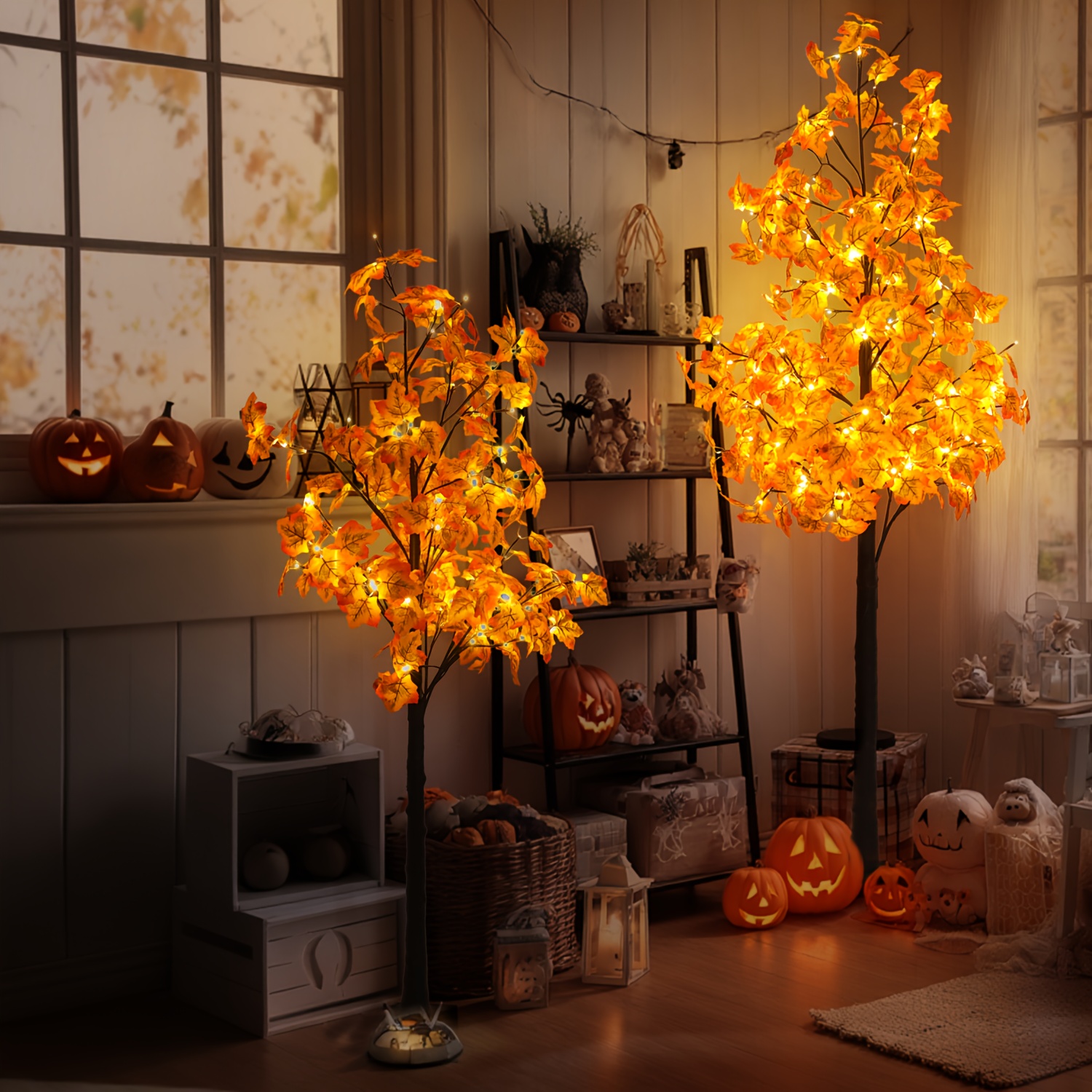1/2Pack, 6FT 96LED/ 7FT 160LED Artificial Lighted Maple Tree 200 Leaves Warm White Fall Decorations Indoor Halloween Christmas Festival Home Fall, Orange