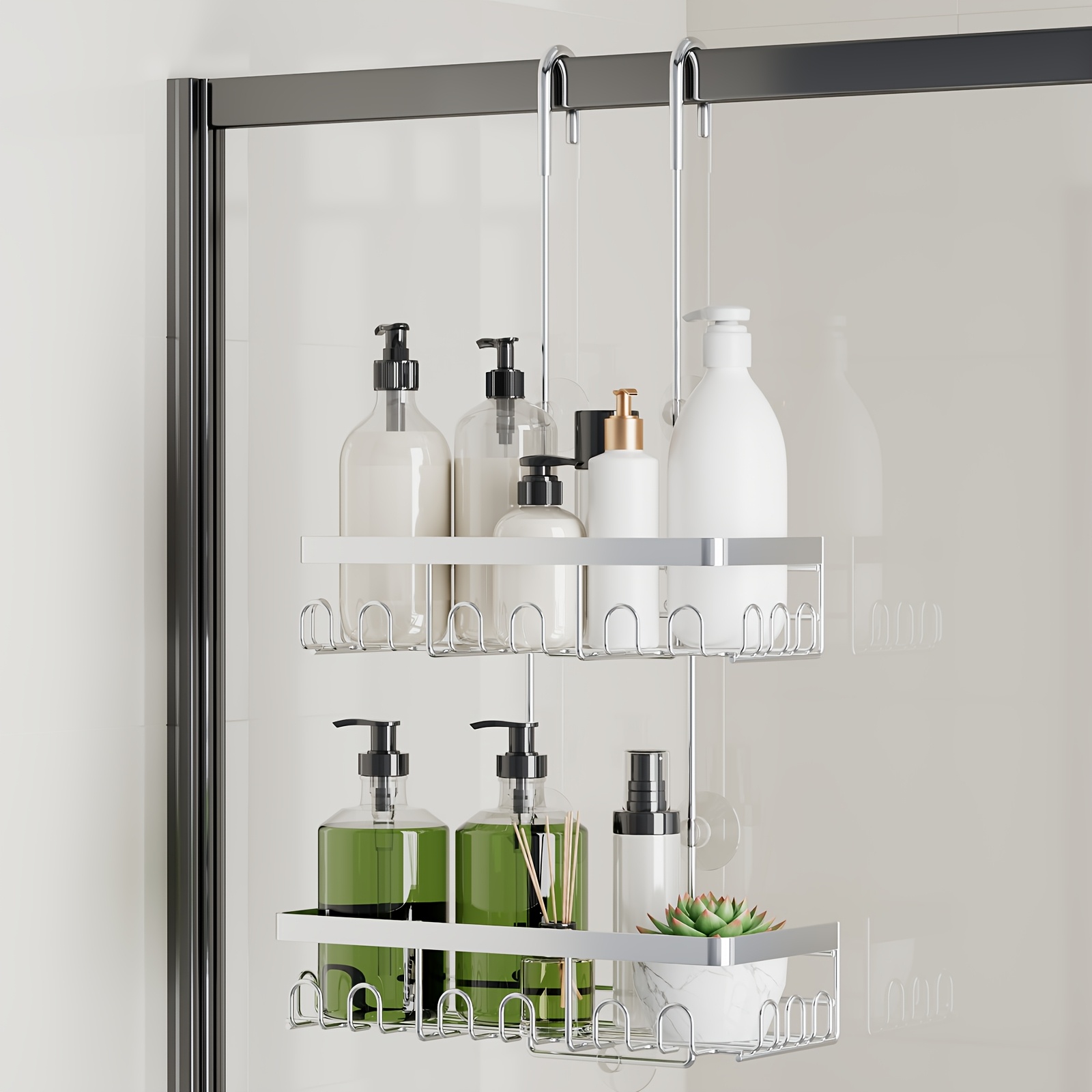 TEMU No-drill Shower Caddy | Stainless Steel Shower Basket With Hooks, And Rustproof Storage Shelf, 5 Suction Cups & 24 Hooks For Glass Shower Door