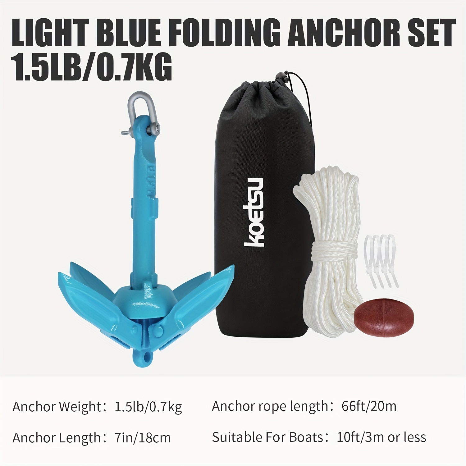Koetsu Boat Folding Anchor 1.5lb/0.7kg - Colorful, Lightweight, With Carry Bag - Ideal For Inflatable Boats, Kayaks & Small Boats - In Black, Blue, Green, Red, Options, Boating Accessories