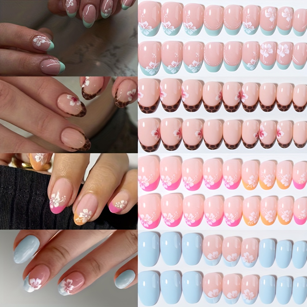 E-shop 96 Stück Glänzende Kurze Ovale Nagelkunst Aufkleber Set - Multicolor Blumen Leopard Print Serie Glänzende Falsche Nägel mit Aufbewahrungsbox,