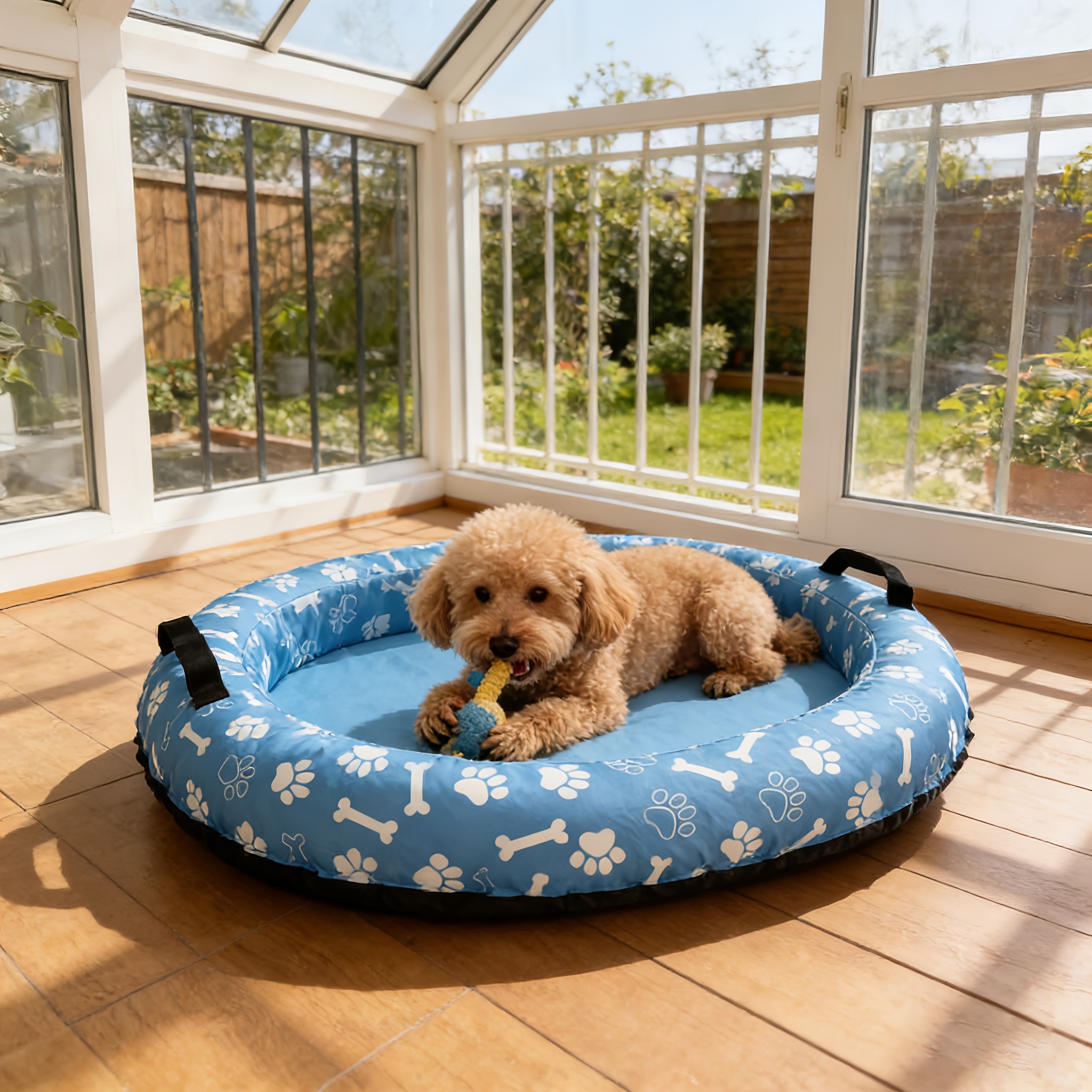 blue yellow and orange three   print pet inflatable bed dog bed pet float pet float bed foldable and portable suitable for large medium and small dogs and cats multi purpose   used for playing in water and as a nest Product details 0