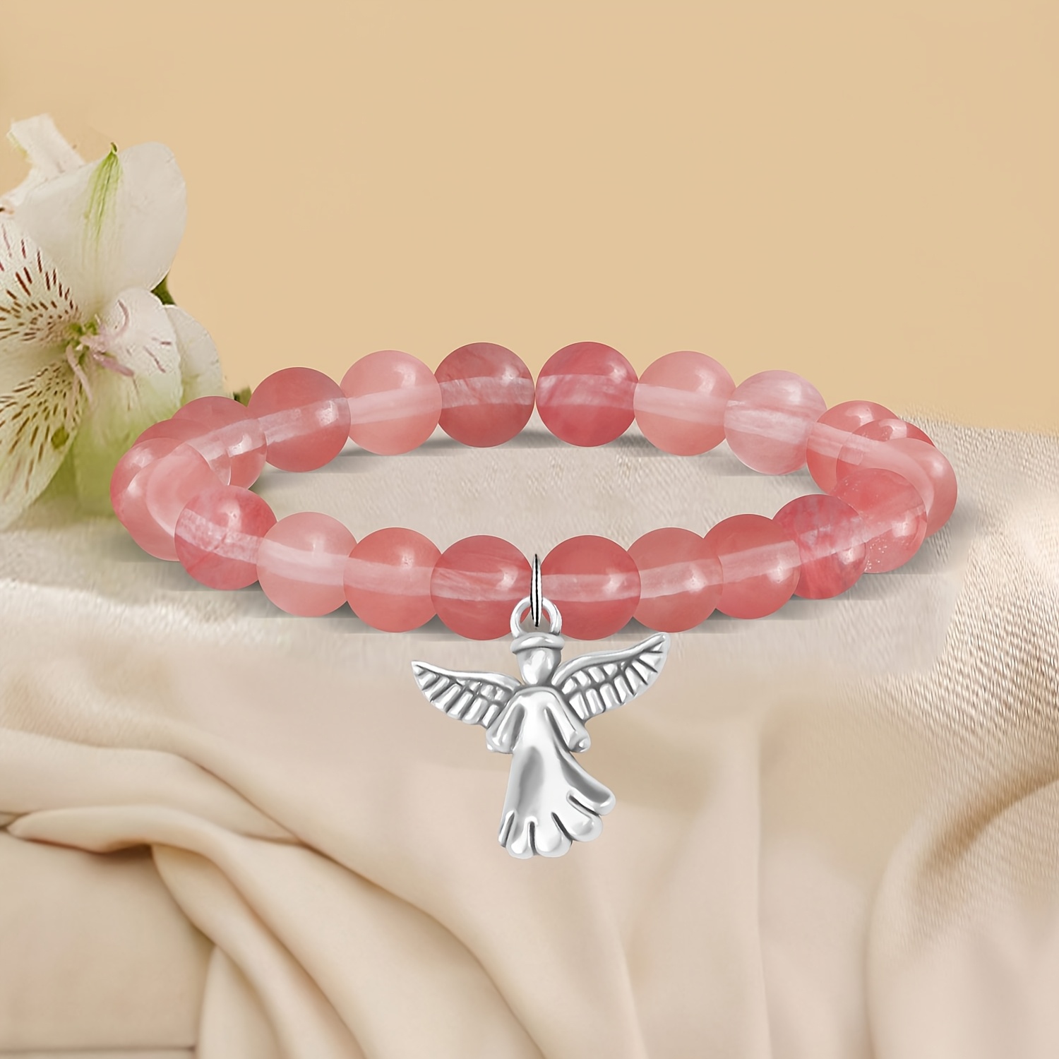 Natural Stone Bead Bracelet with Angel Charm Pendant