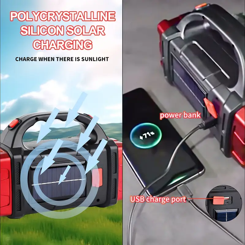 1pc solar powered led flashlight usb rechargeable cob side light multi modes lighting portable searchlight lamp for outdoor hunting boating camping and home emergency details 5