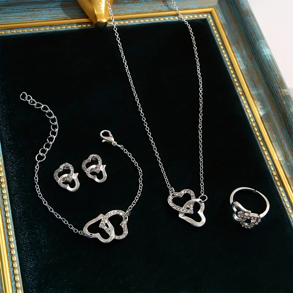 

5pcs Earrings Necklace Bracelet Plus Ring Coquette Style Jewelry Set Trendy Heart To Heart Design Inlaid Rhinestone Match Daily Outfits