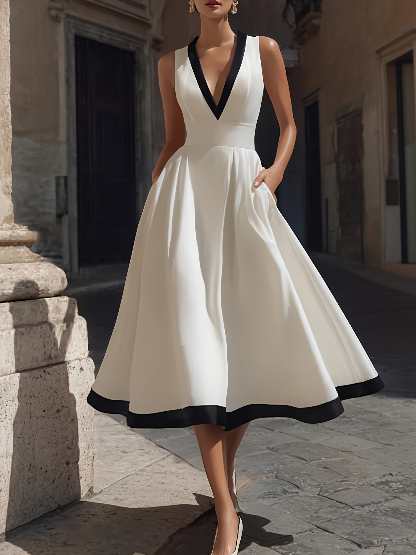 [Multi-Season Layering Elegant Style] White Contrast V-Neck Sleeveless  Flared Skirt Women'S Dress, Sleeveless Design Suitable for Multi-Season  Layering, Contrast Details Enhance * High-Waist Flared ...