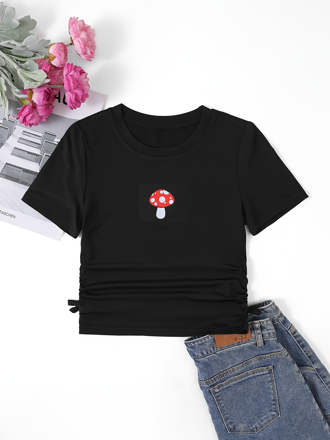cute mushroom graphic crew neck short sleeve t shirt - Temu
