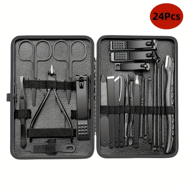 TEMU 24pcs Stainless Steel Nail Clippers Trimmers Ear Spoons Manicure Pedicure Scissors Tweezers Nail Tools Set With Black Storage Box Holiday Gift