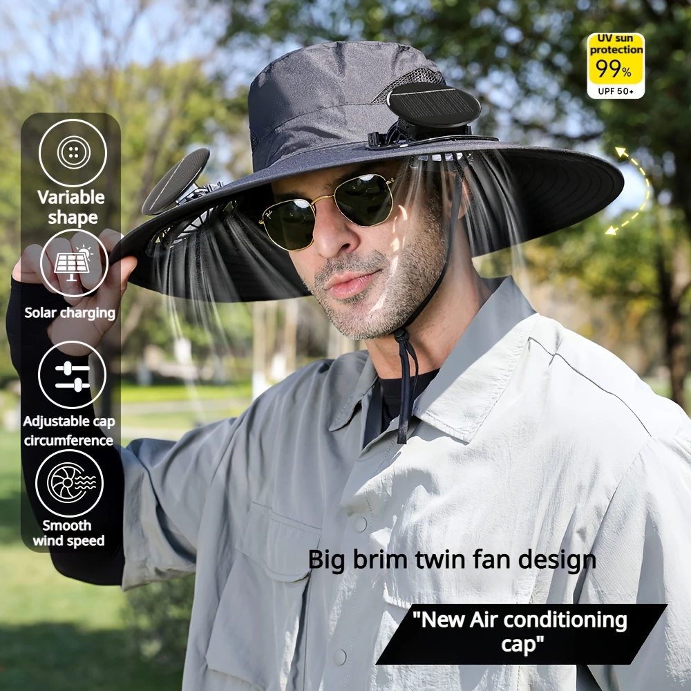 solar fan cap uv resistant outdoor wide brimmed fishermans cap with 2 180 adjustable fans upf50 usb and solar powered suitable for beach camping outdoor fishing without battery details 1