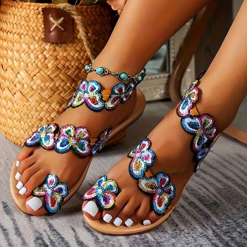 women s butterfly decor flat sandals casual loop toe summer